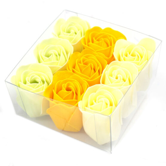 Conjunto de 9 flores de sabão – Rosas Amarelas e Laranjas